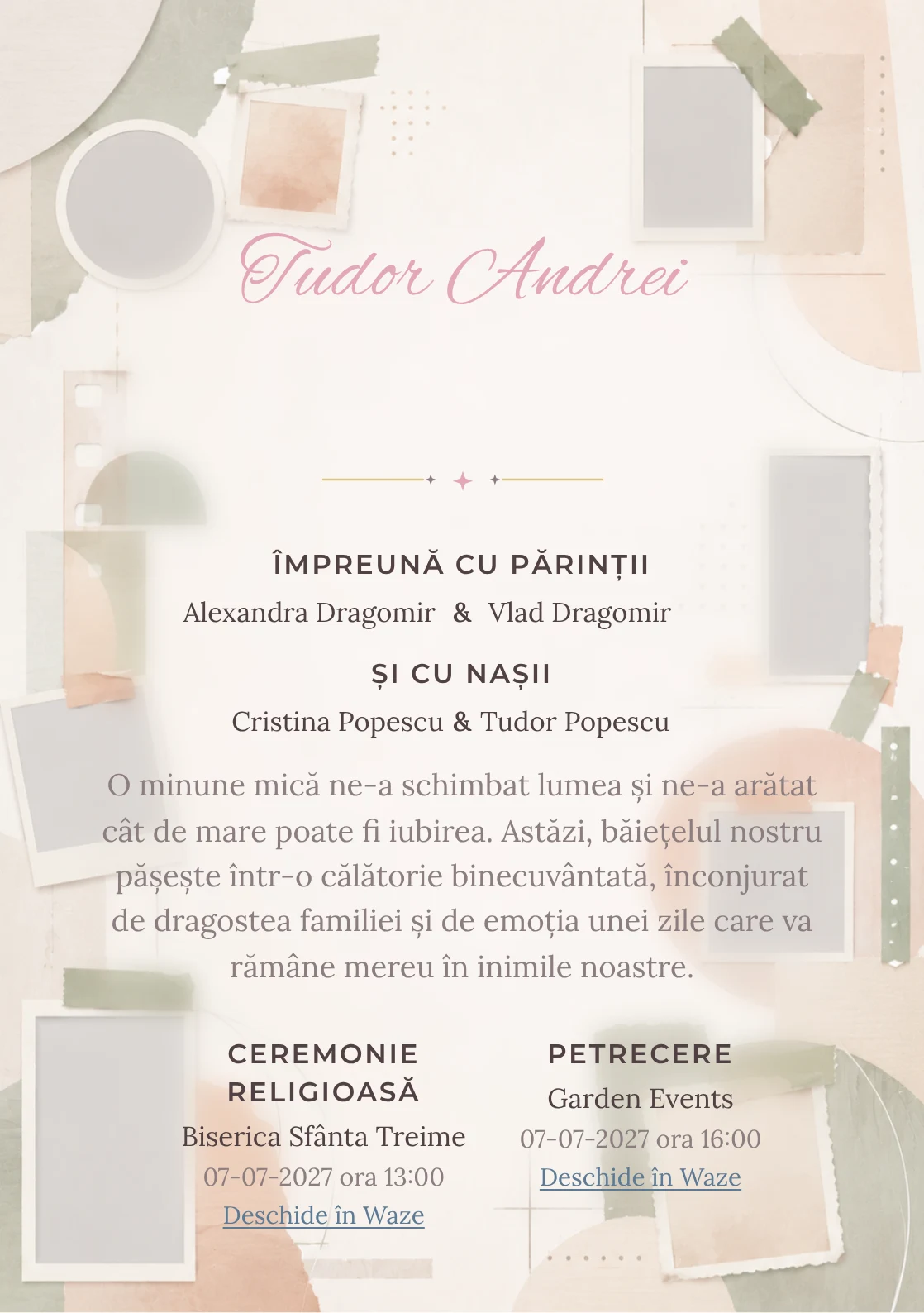 Album Abstract, pentru o invitație de botez, evidențiază o structură de ferestre, alături de benzi de hârtie.
