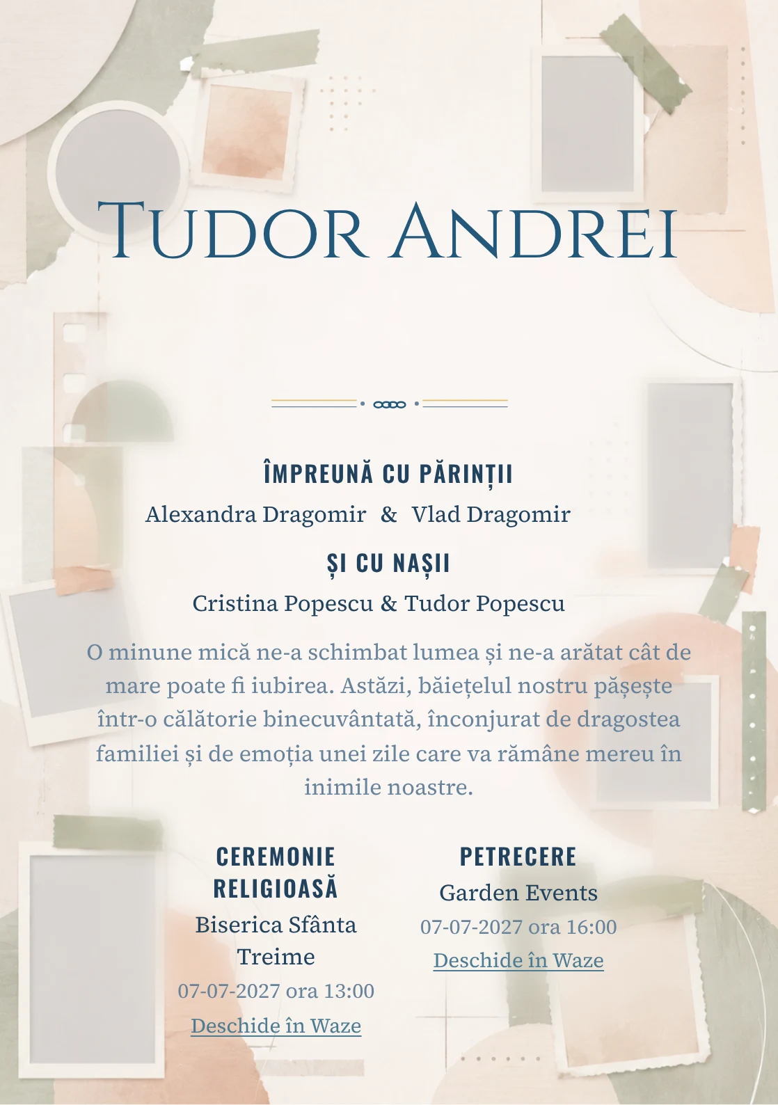 Album Abstract, pentru o invitație de botez, evidențiază o structură de ferestre, alături de benzi de hârtie.