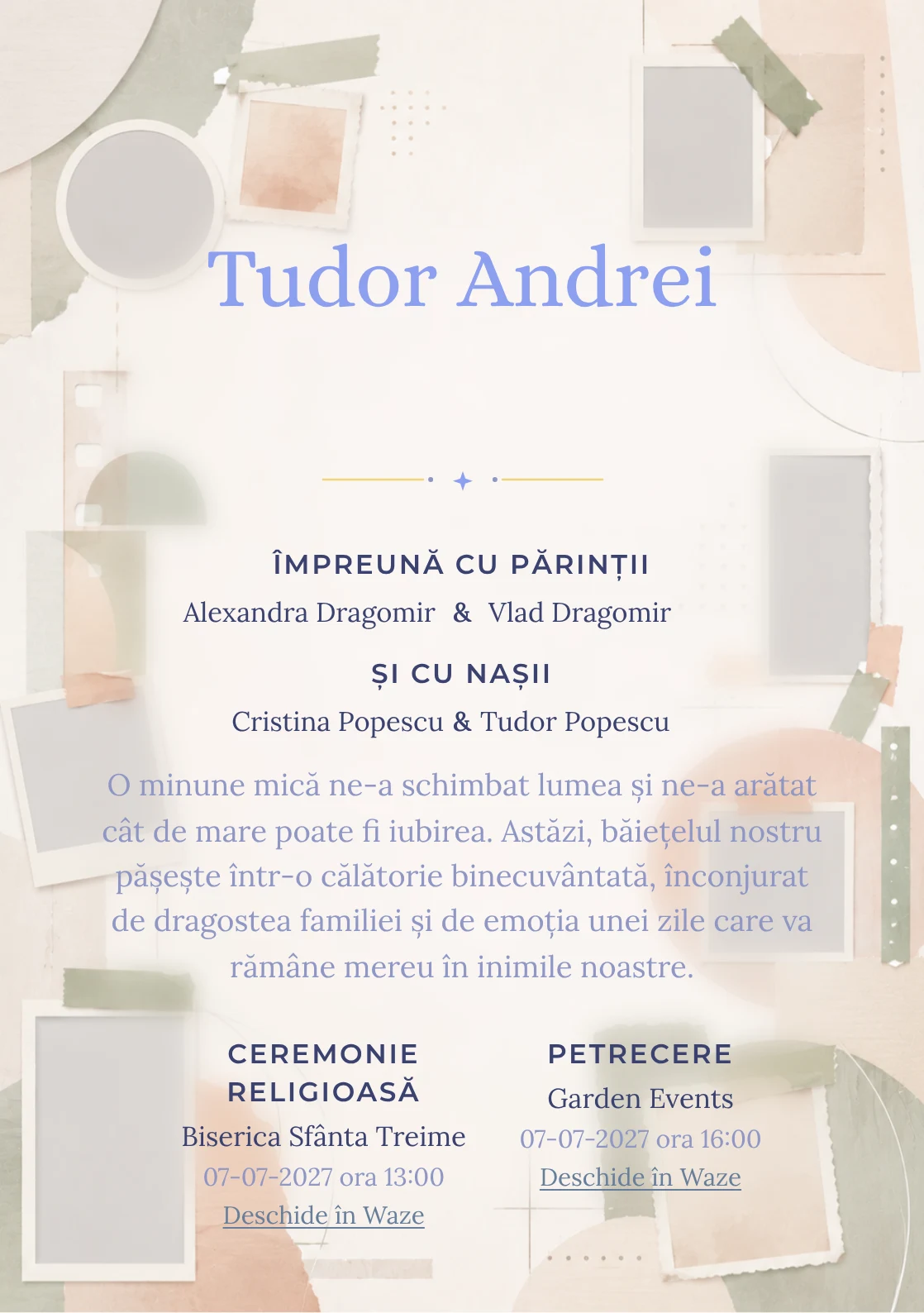 Album Abstract, pentru o invitație de botez, evidențiază o structură de ferestre, alături de benzi de hârtie.