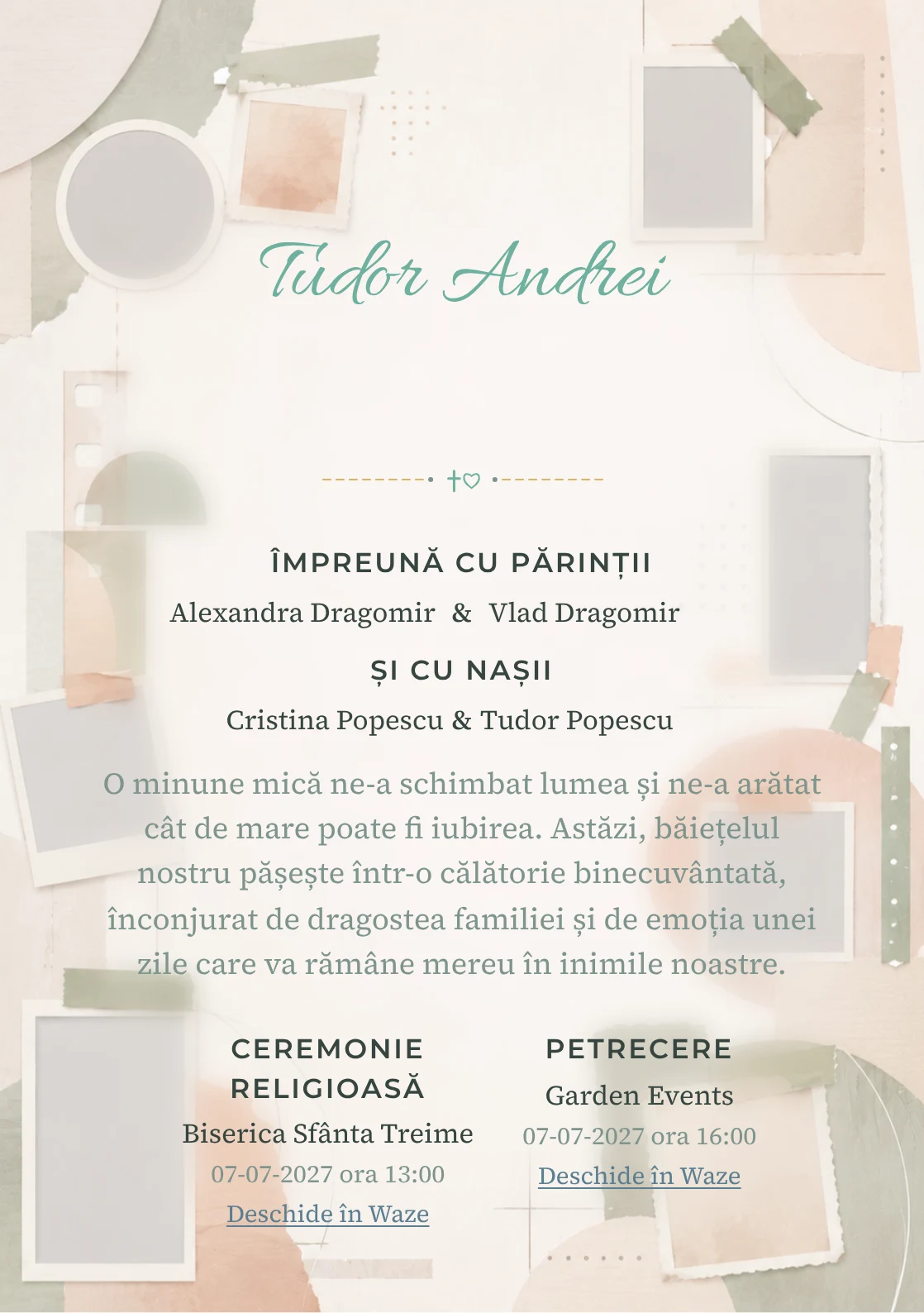 Album Abstract, pentru o invitație de botez, evidențiază o structură de ferestre, alături de benzi de hârtie.