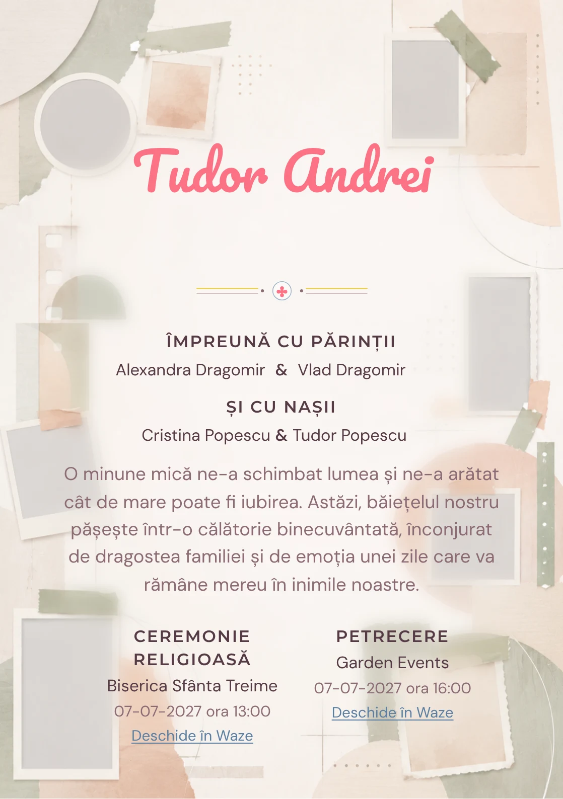 Album Abstract, pentru o invitație de botez, evidențiază o structură de ferestre, alături de benzi de hârtie.