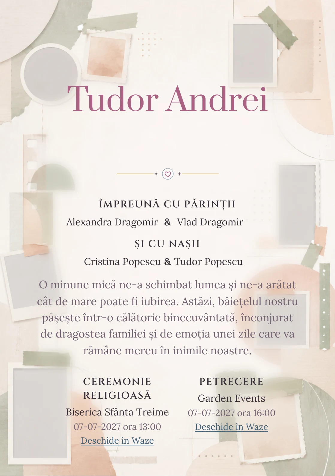 Album Abstract, pentru o invitație de botez, evidențiază o structură de ferestre, alături de benzi de hârtie.