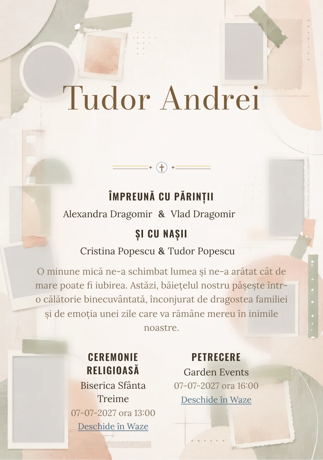 Album Abstract, pentru o invitație de botez, evidențiază o structură de ferestre, alături de benzi de hârtie.