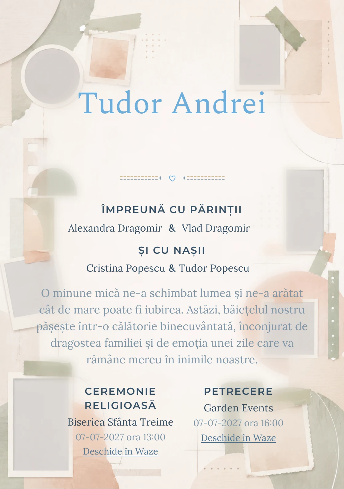 Album Abstract, pentru o invitație de botez, evidențiază o structură de ferestre, alături de benzi de hârtie.