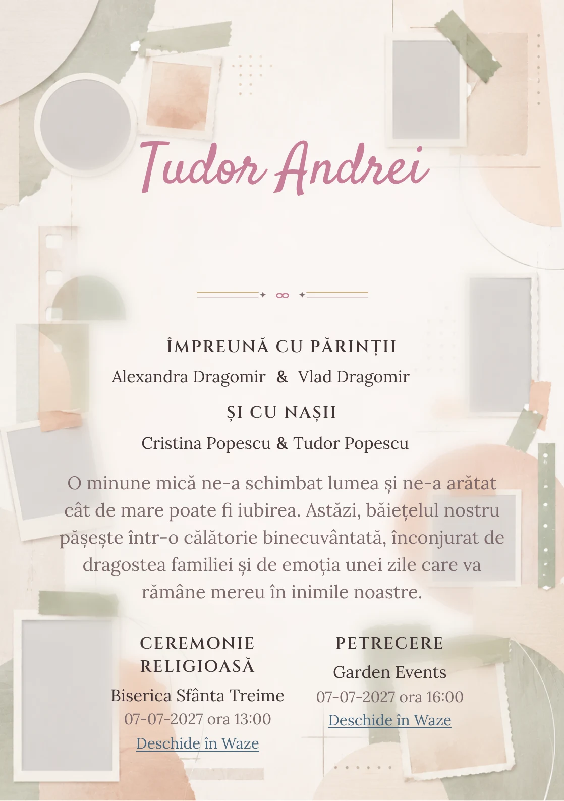 Album Abstract, pentru o invitație de botez, evidențiază o structură de ferestre, alături de benzi de hârtie.