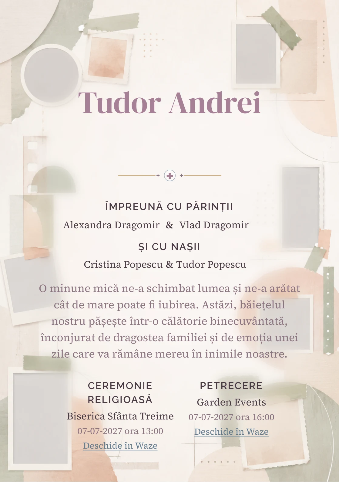 Album Abstract, pentru o invitație de botez, evidențiază o structură de ferestre, alături de benzi de hârtie.