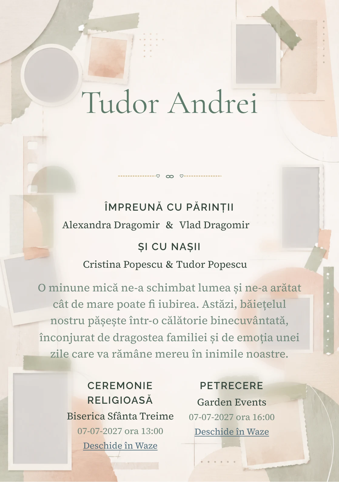 Album Abstract, pentru o invitație de botez, evidențiază o structură de ferestre, alături de benzi de hârtie.