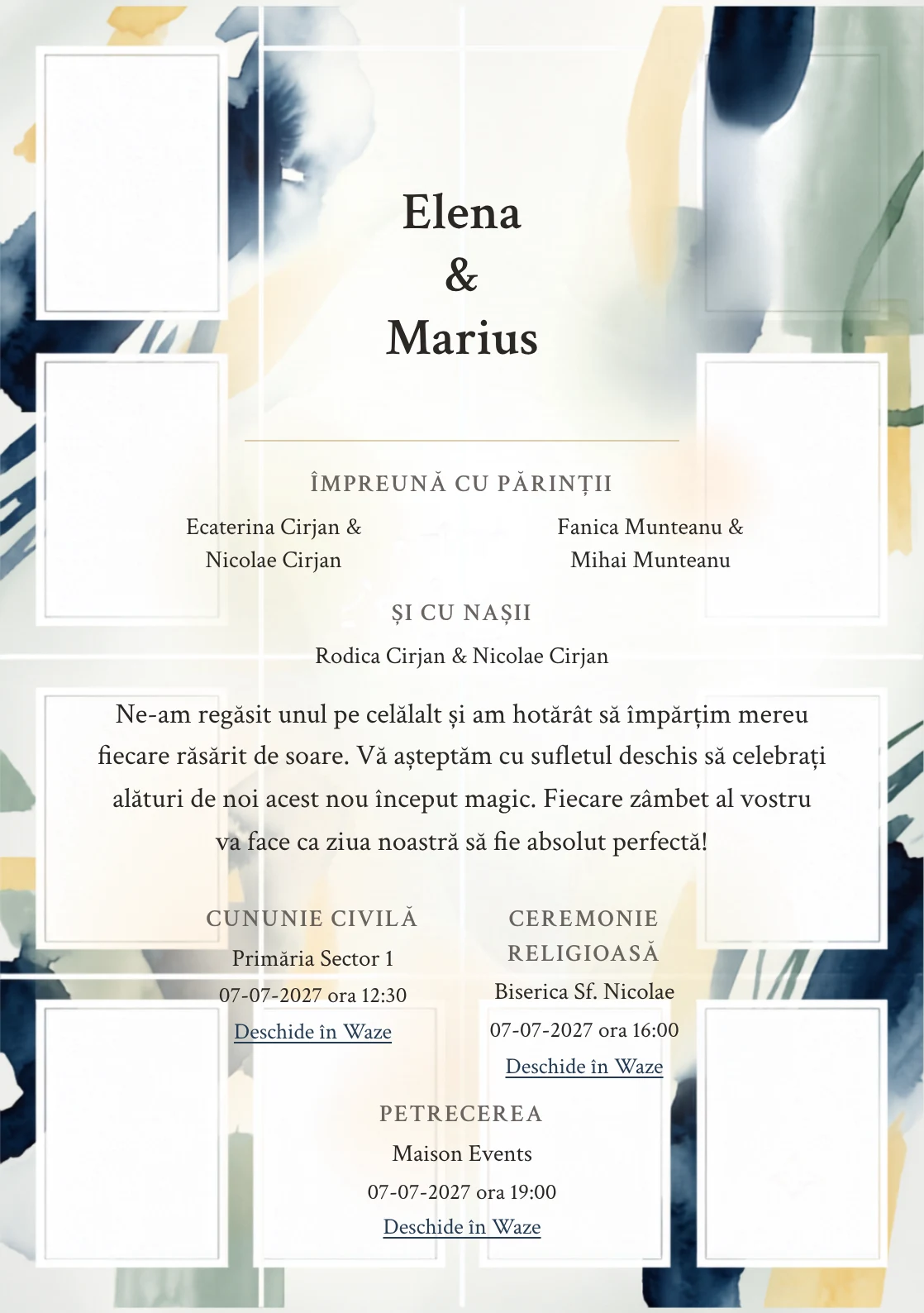 Album de Galerie, în colecția de invitații nuntă, are ca reper vizual grilă de catalog cu panouri albe, în nuanțe de alb galerie, albastru cerneală și galben paie.