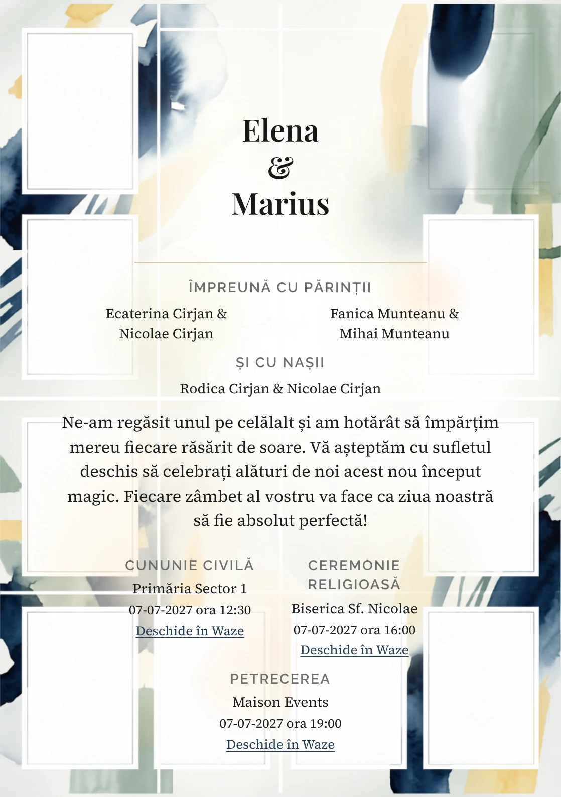 Album de Galerie, în colecția de invitații nuntă, are ca reper vizual grilă de catalog cu panouri albe, în nuanțe de alb galerie, albastru cerneală și galben paie.