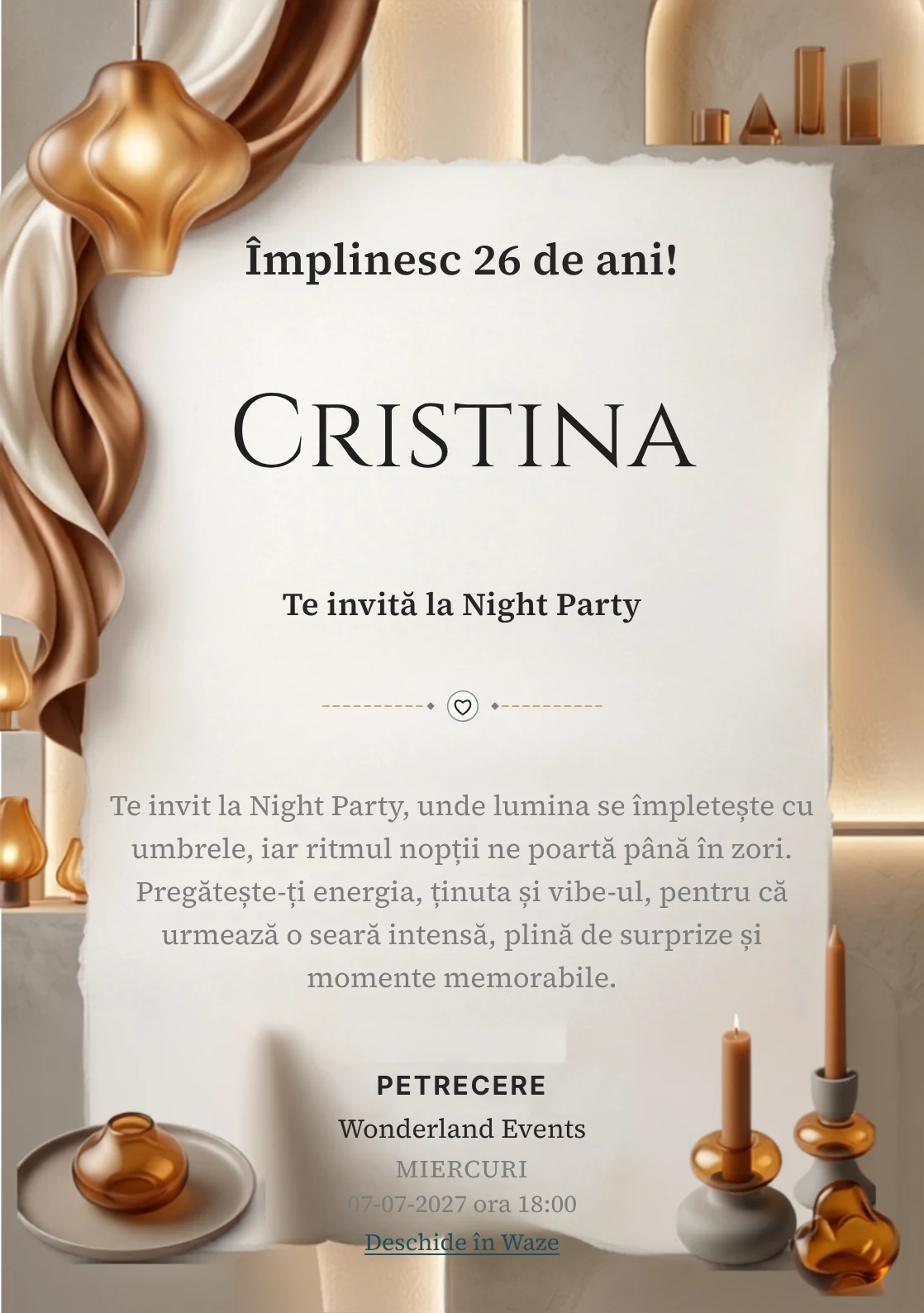 Pentru aniversările adulților, Amber Lights propune invitații online cu lămpi sculpturale și panouri translucide și nuanțe de chihlimbar pal și caramel.