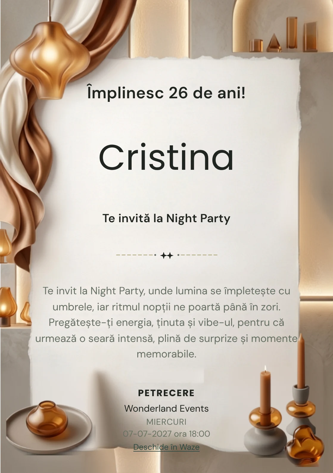 Pentru aniversările adulților, Amber Lights propune invitații online cu lămpi sculpturale și panouri translucide și nuanțe de chihlimbar pal și caramel.