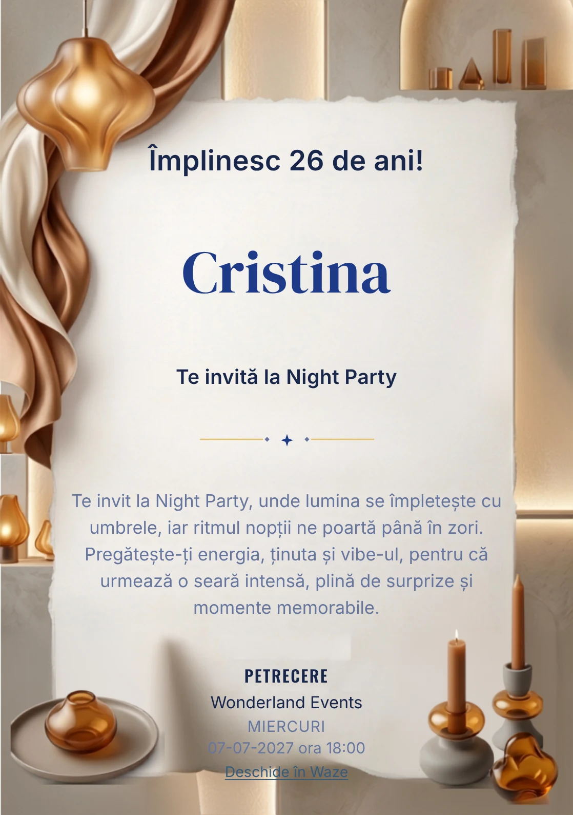 Pentru aniversările adulților, Amber Lights propune invitații online cu lămpi sculpturale și panouri translucide și nuanțe de chihlimbar pal și caramel.