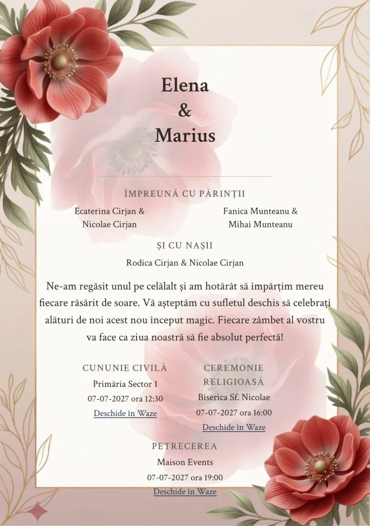 Anemone în Amurg, pentru o invitație de nuntă, pune accent pe două anemone mari pe margini, alături de tonuri de roșu anemonă stins și alb calcar.