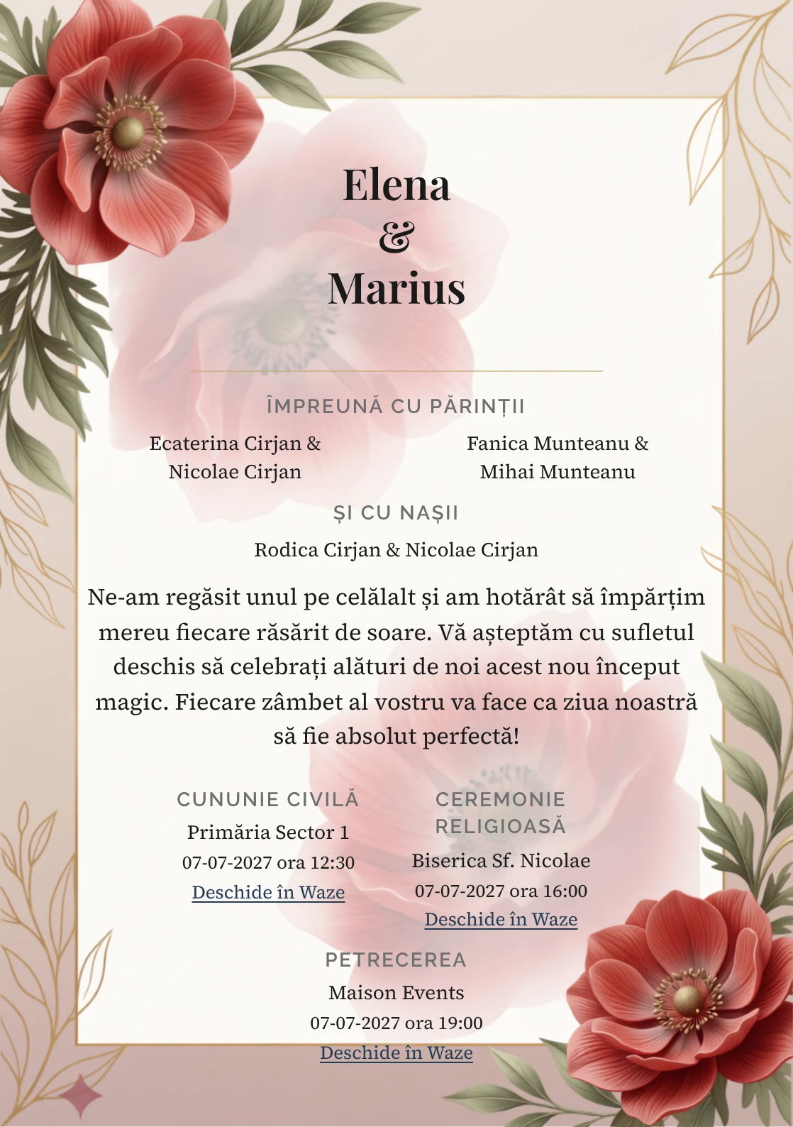 Anemone în Amurg, pentru o invitație de nuntă, pune accent pe două anemone mari pe margini, alături de tonuri de roșu anemonă stins și alb calcar.