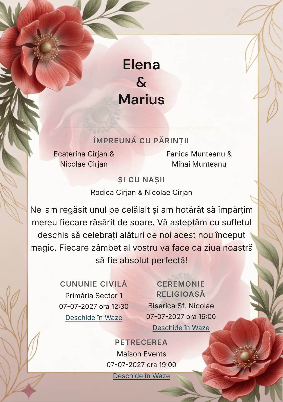 Anemone în Amurg, pentru o invitație de nuntă, pune accent pe două anemone mari pe margini, alături de tonuri de roșu anemonă stins și alb calcar.