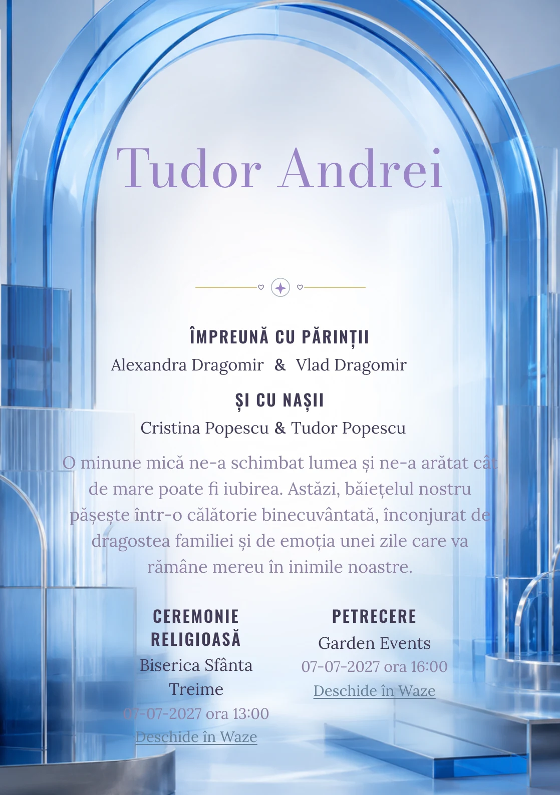 Arc de Sticlă, design pentru o invitație de botez, prezintă un arc mare din sticlă albastră stratificată, alături de plăci, muchii cromate și umbre reci.