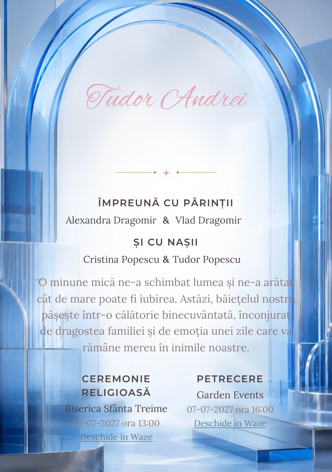 Arc de Sticlă, design pentru o invitație de botez, prezintă un arc mare din sticlă albastră stratificată, alături de plăci, muchii cromate și umbre reci.