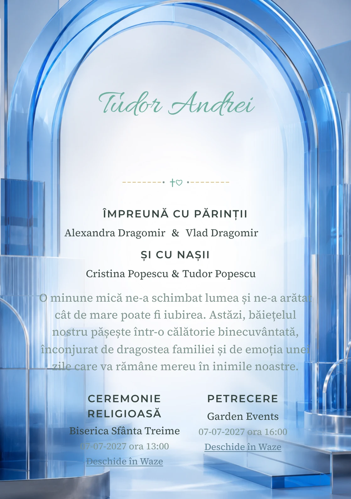 Arc de Sticlă, design pentru o invitație de botez, prezintă un arc mare din sticlă albastră stratificată, alături de plăci, muchii cromate și umbre reci.