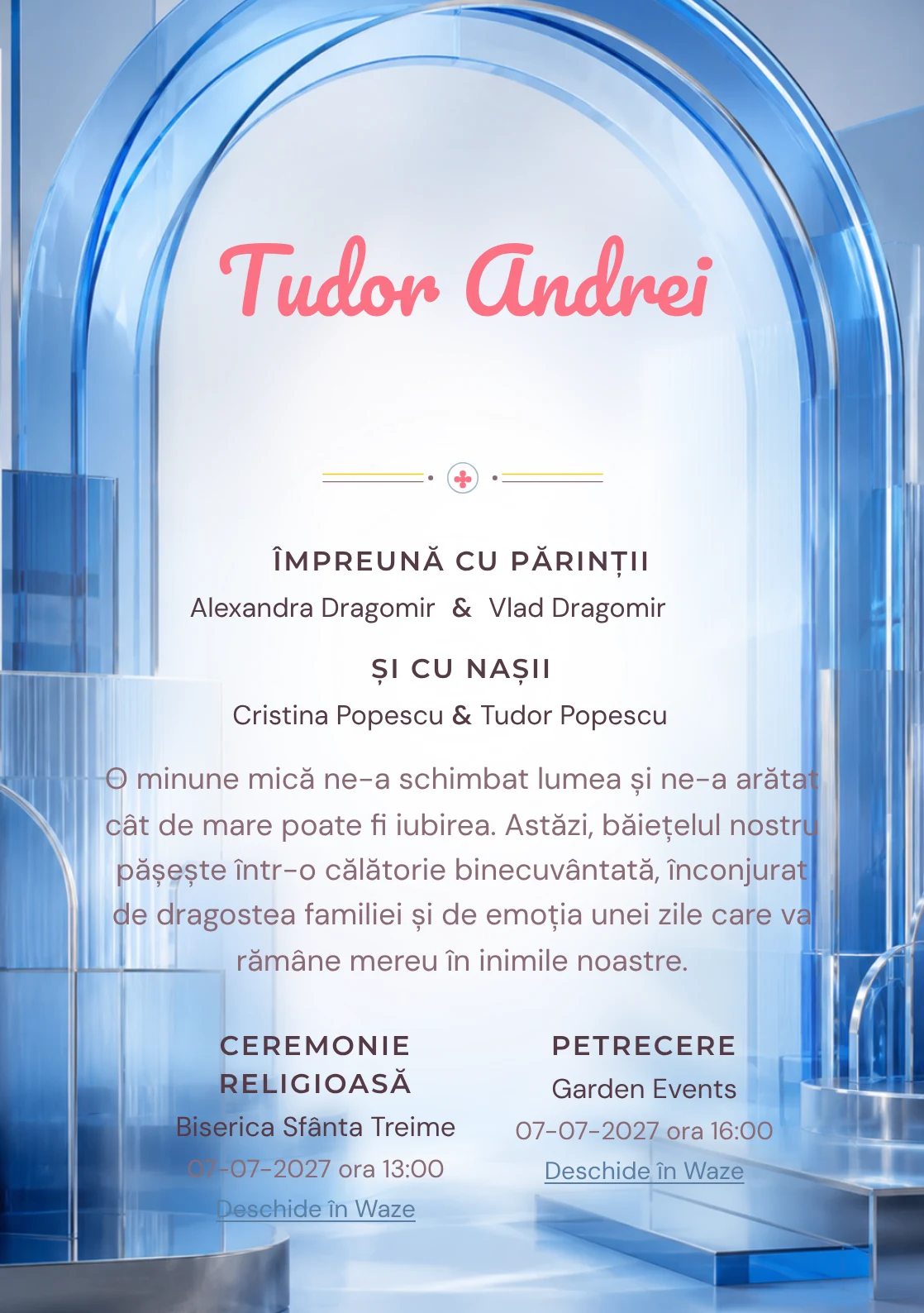 Arc de Sticlă, design pentru o invitație de botez, prezintă un arc mare din sticlă albastră stratificată, alături de plăci, muchii cromate și umbre reci.