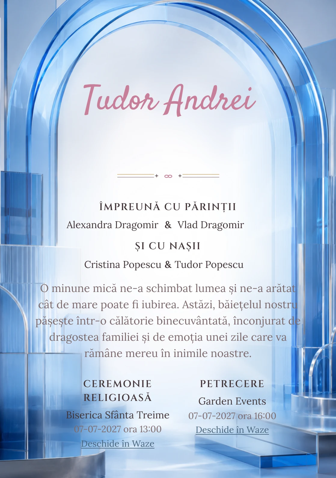 Arc de Sticlă, design pentru o invitație de botez, prezintă un arc mare din sticlă albastră stratificată, alături de plăci, muchii cromate și umbre reci.