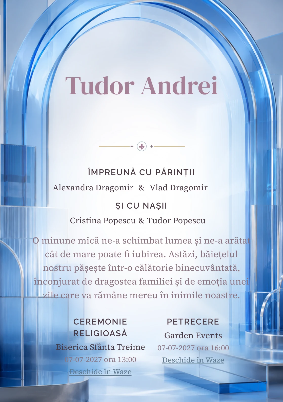 Arc de Sticlă, design pentru o invitație de botez, prezintă un arc mare din sticlă albastră stratificată, alături de plăci, muchii cromate și umbre reci.