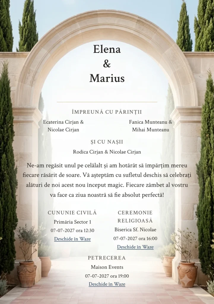 Imaginea Arcadă Mediteraneană, pentru invitații de nuntă, este definită de arcadă de calcar deschisă spre cer și tonuri de calcar mediteranean și albastru aegean stins.
