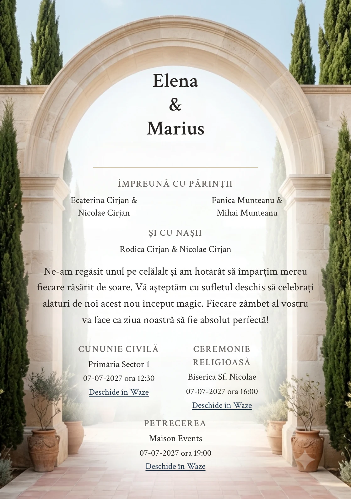 Imaginea Arcadă Mediteraneană, pentru invitații de nuntă, este definită de arcadă de calcar deschisă spre cer și tonuri de calcar mediteranean și albastru aegean stins.