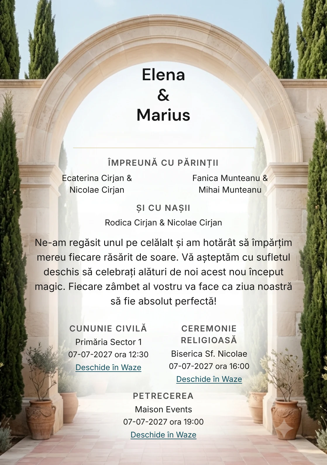 Imaginea Arcadă Mediteraneană, pentru invitații de nuntă, este definită de arcadă de calcar deschisă spre cer și tonuri de calcar mediteranean și albastru aegean stins.