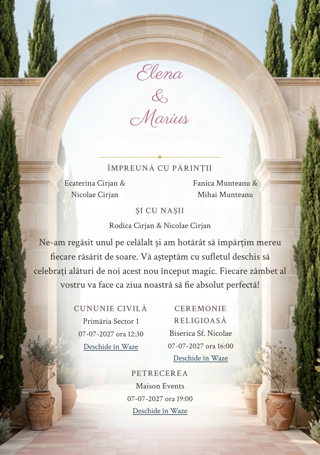 Imaginea Arcadă Mediteraneană, pentru invitații de nuntă, este definită de arcadă de calcar deschisă spre cer și tonuri de calcar mediteranean și albastru aegean stins.