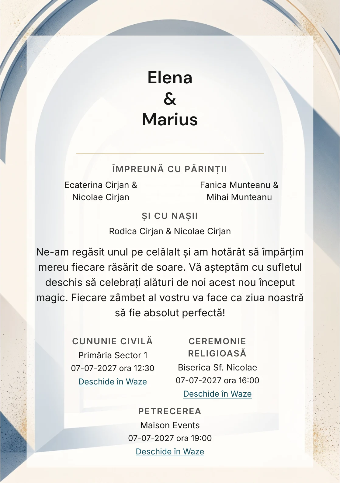 Fundalul Arcul Tăcerii, pentru invitații de nuntă, se remarcă prin arc monolitic simplu cu umbră lungă și accente de fildeș modern, albastru cerneală diluat și nisip rece.