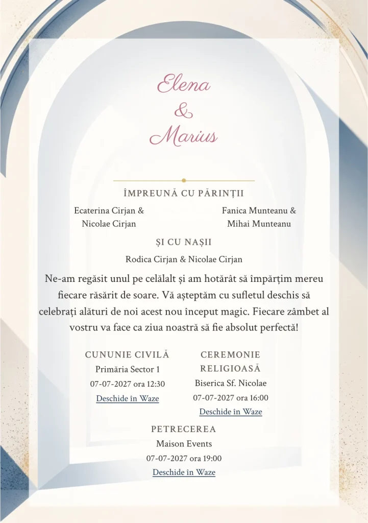 Fundalul Arcul Tăcerii, pentru invitații de nuntă, se remarcă prin arc monolitic simplu cu umbră lungă și accente de fildeș modern, albastru cerneală diluat și nisip rece.