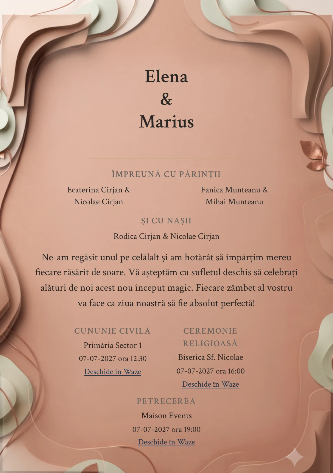 Argilă Vie, pentru o invitație de nuntă, prezintă volum organic teracotă pudrată, completat vizual de nuanțe de teracotă pudrată, crem calcar și verde cactus pal.