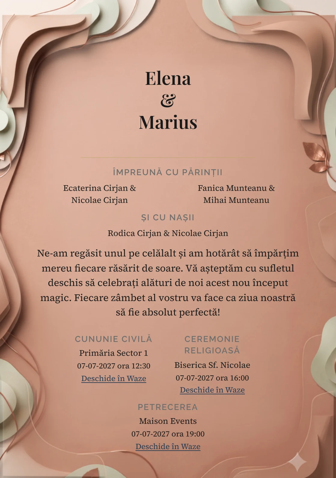 Argilă Vie, pentru o invitație de nuntă, prezintă volum organic teracotă pudrată, completat vizual de nuanțe de teracotă pudrată, crem calcar și verde cactus pal.