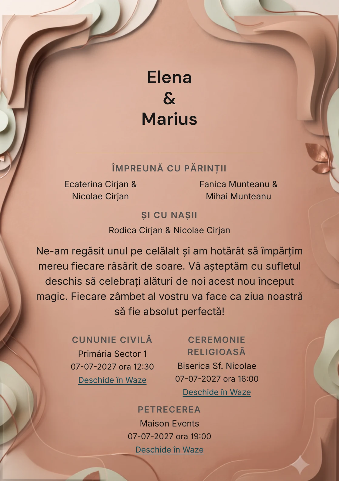 Argilă Vie, pentru o invitație de nuntă, prezintă volum organic teracotă pudrată, completat vizual de nuanțe de teracotă pudrată, crem calcar și verde cactus pal.
