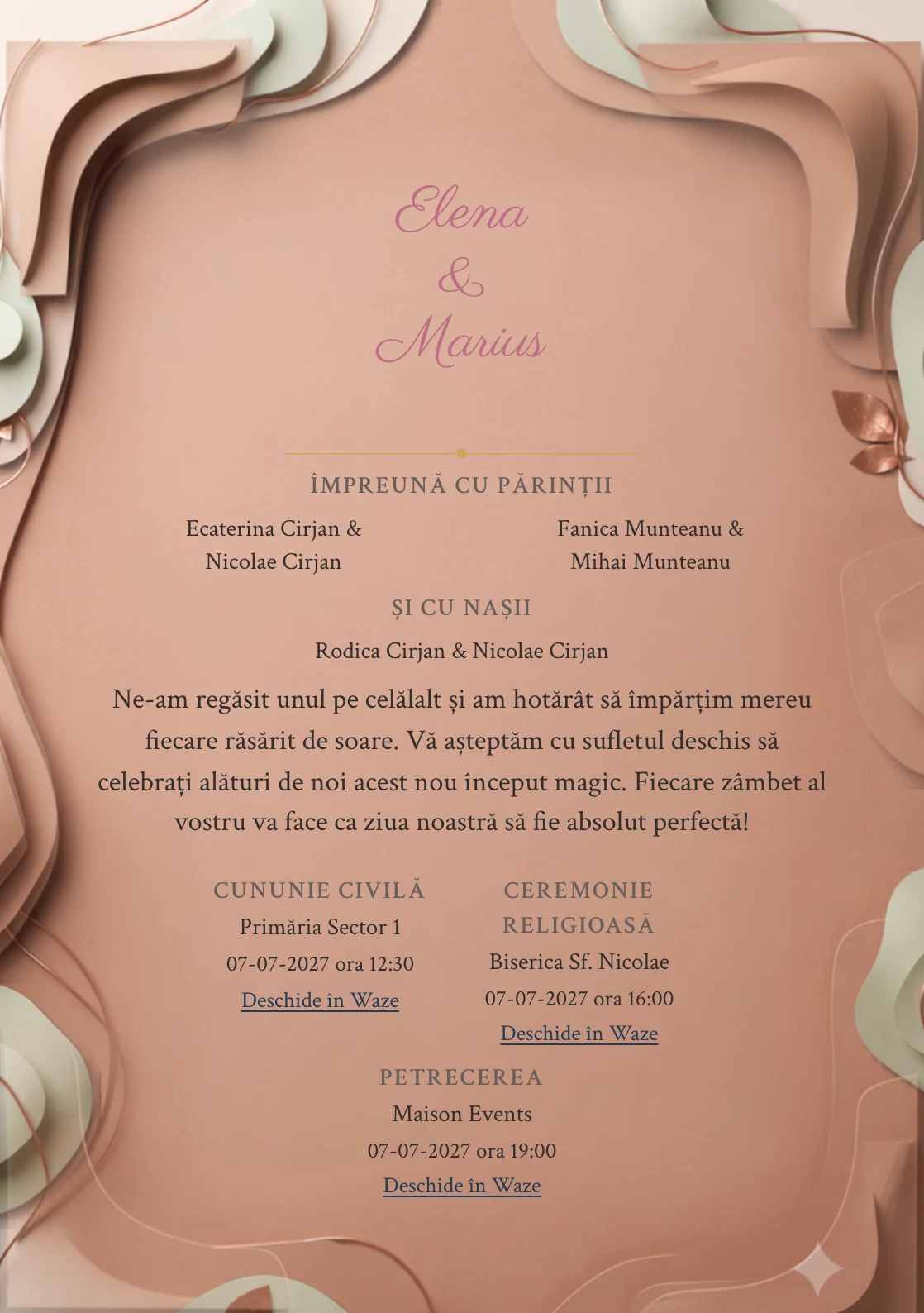 Argilă Vie, pentru o invitație de nuntă, prezintă volum organic teracotă pudrată, completat vizual de nuanțe de teracotă pudrată, crem calcar și verde cactus pal.