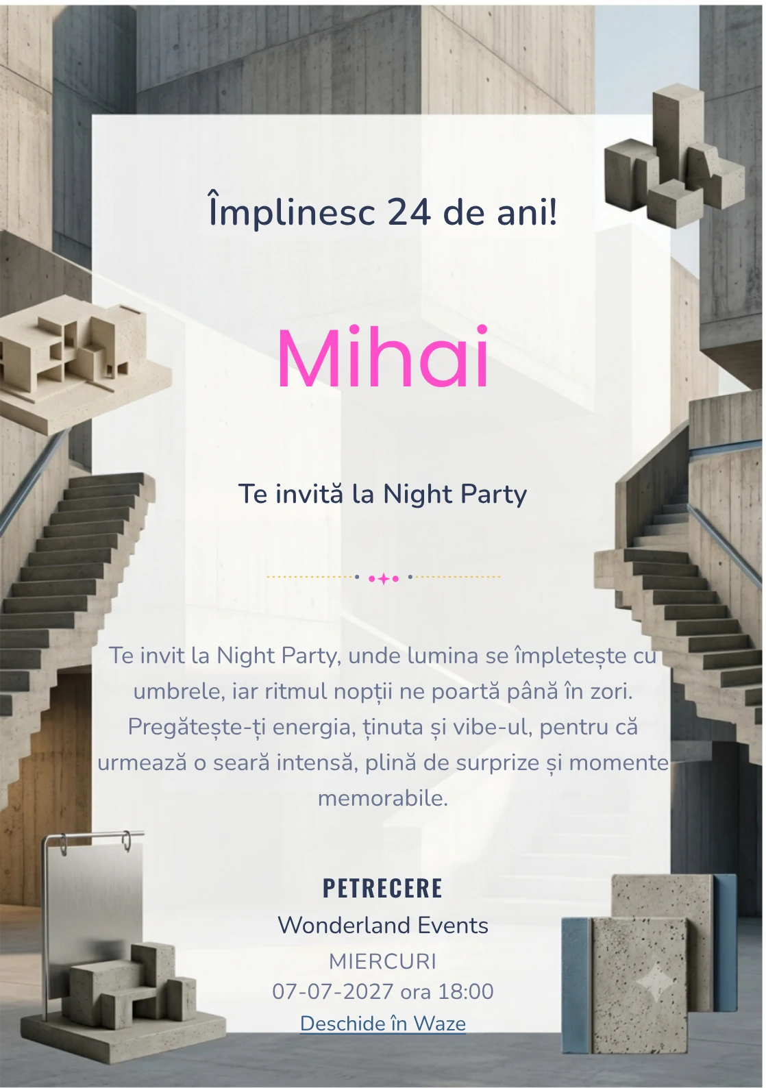 Arhitectură Brutalistă este un model de invitații online pentru o aniversare adultă, definit vizual de o scară geometrică masivă.