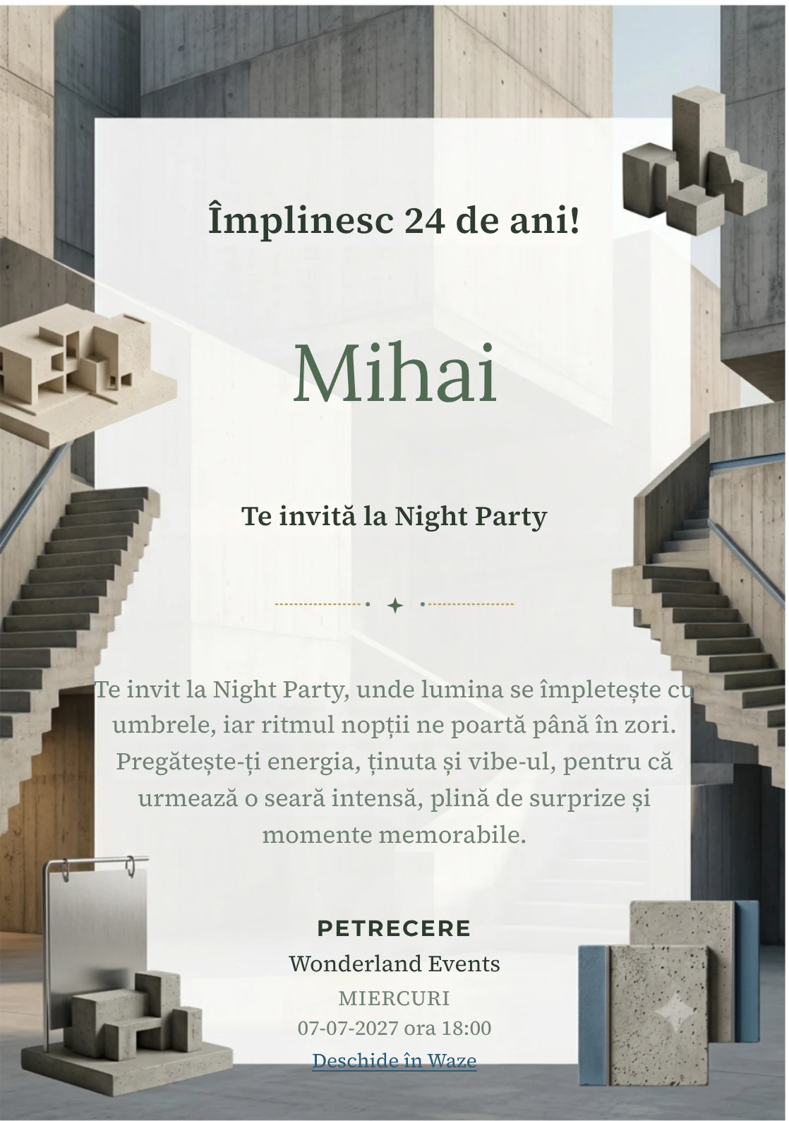 Arhitectură Brutalistă este un model de invitații online pentru o aniversare adultă, definit vizual de o scară geometrică masivă.