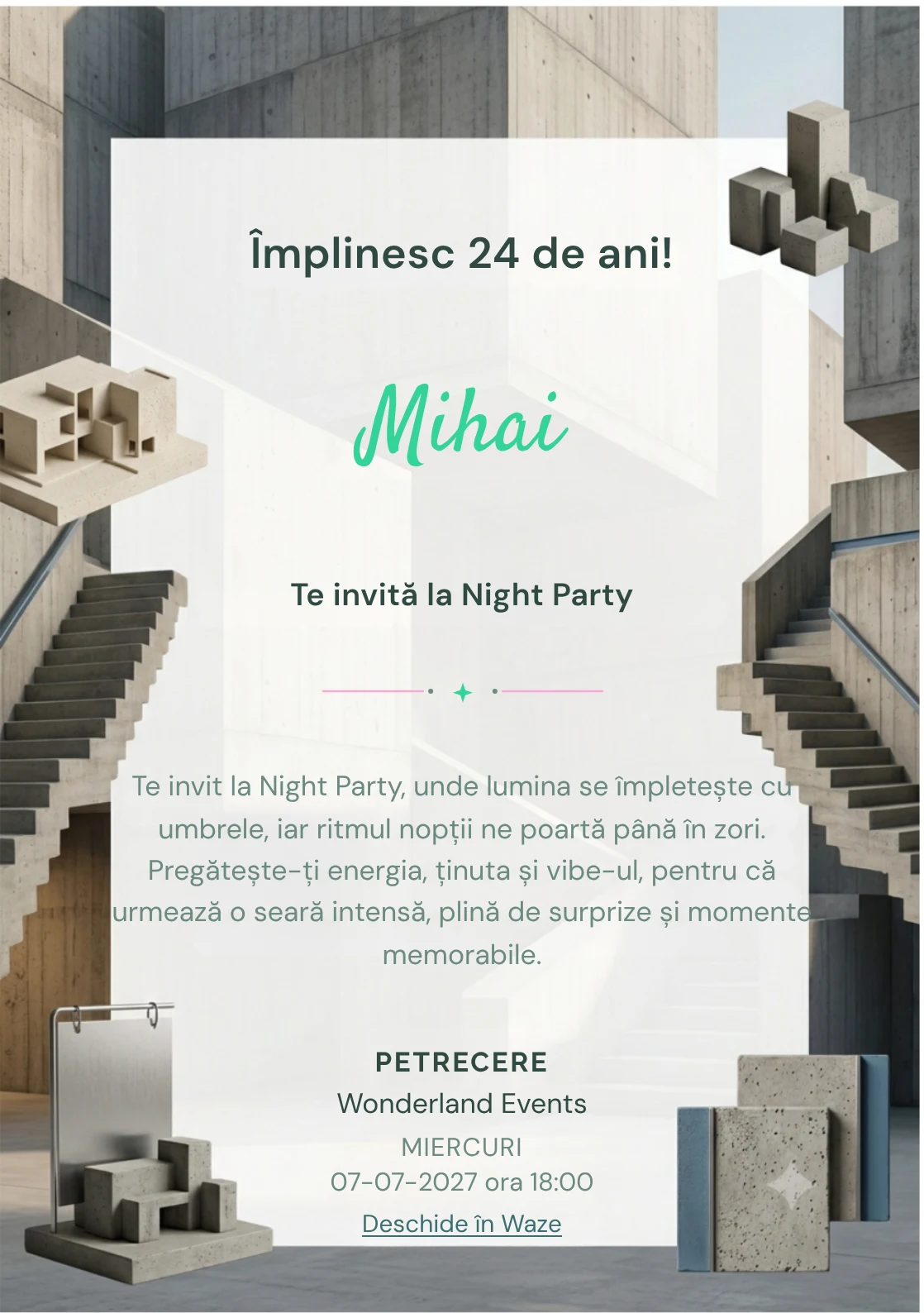 Arhitectură Brutalistă este un model de invitații online pentru o aniversare adultă, definit vizual de o scară geometrică masivă.