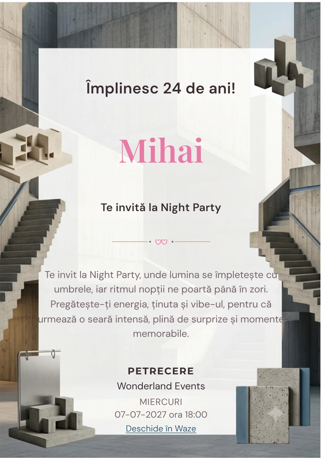Arhitectură Brutalistă este un model de invitații online pentru o aniversare adultă, definit vizual de o scară geometrică masivă.