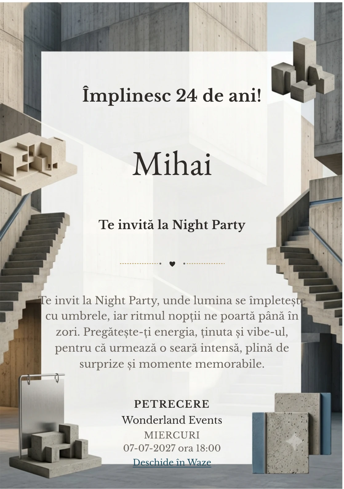 Arhitectură Brutalistă este un model de invitații online pentru o aniversare adultă, definit vizual de o scară geometrică masivă.