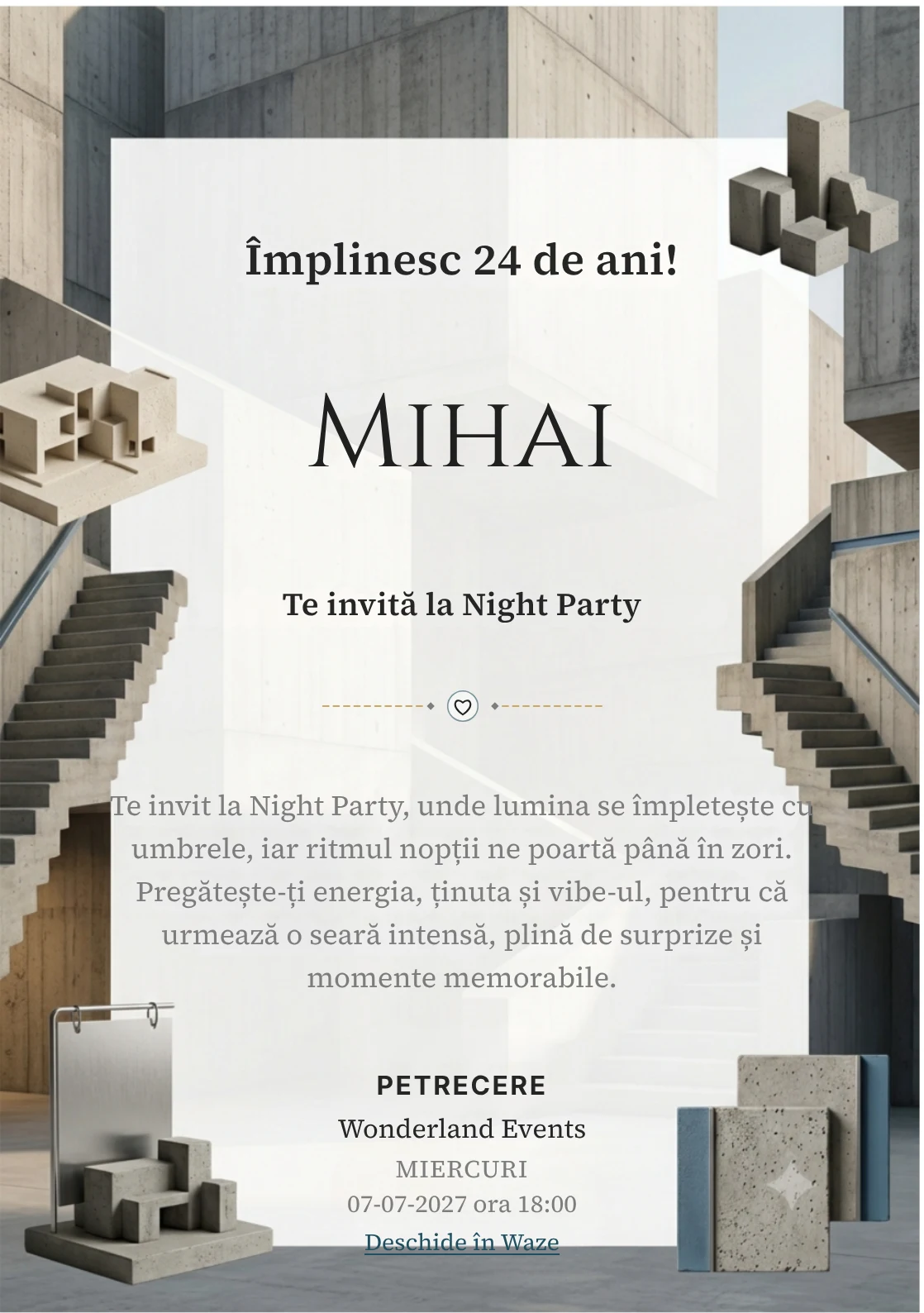 Arhitectură Brutalistă este un model de invitații online pentru o aniversare adultă, definit vizual de o scară geometrică masivă.
