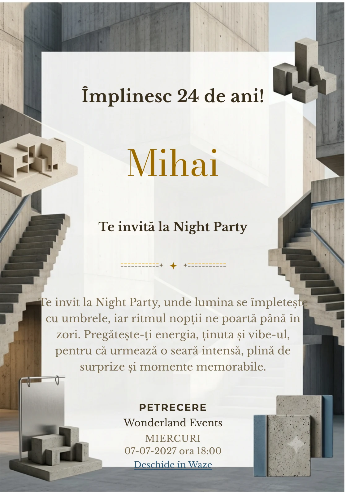 Arhitectură Brutalistă este un model de invitații online pentru o aniversare adultă, definit vizual de o scară geometrică masivă.
