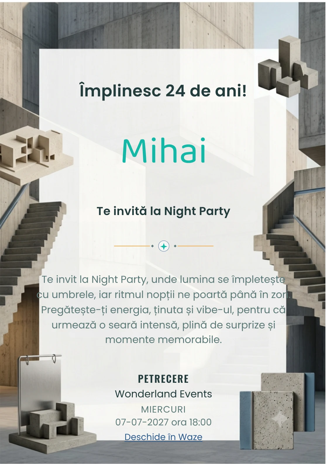 Arhitectură Brutalistă este un model de invitații online pentru o aniversare adultă, definit vizual de o scară geometrică masivă.