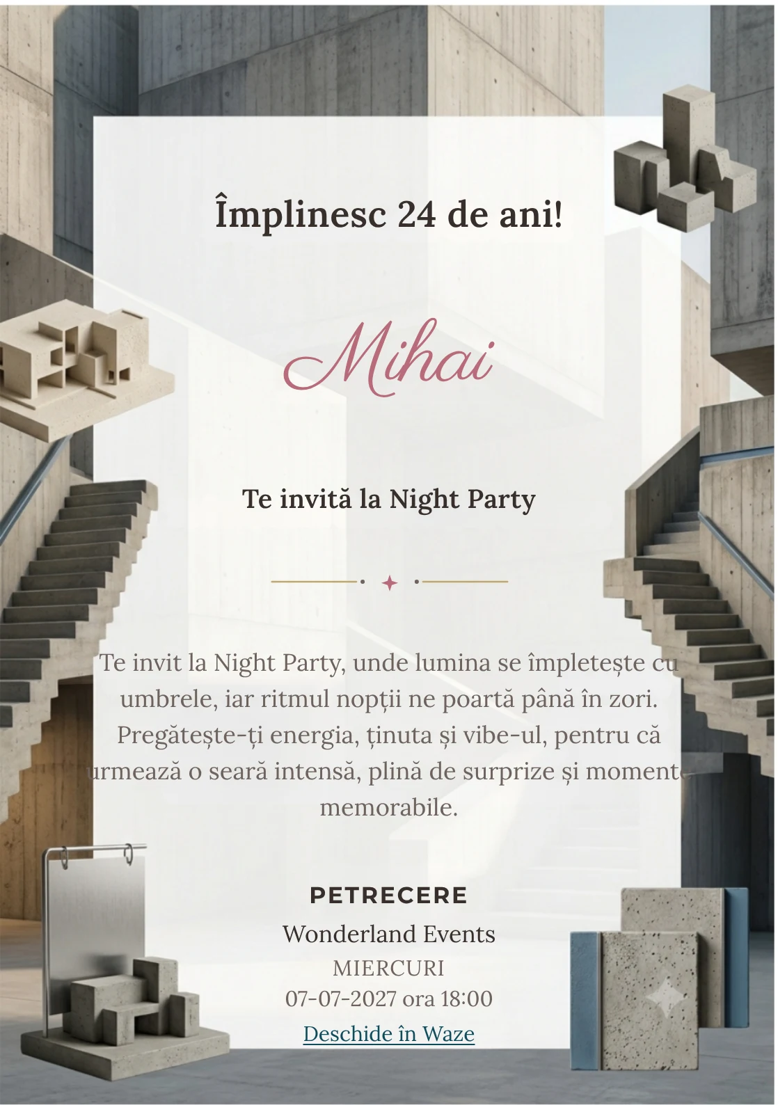 Arhitectură Brutalistă este un model de invitații online pentru o aniversare adultă, definit vizual de o scară geometrică masivă.