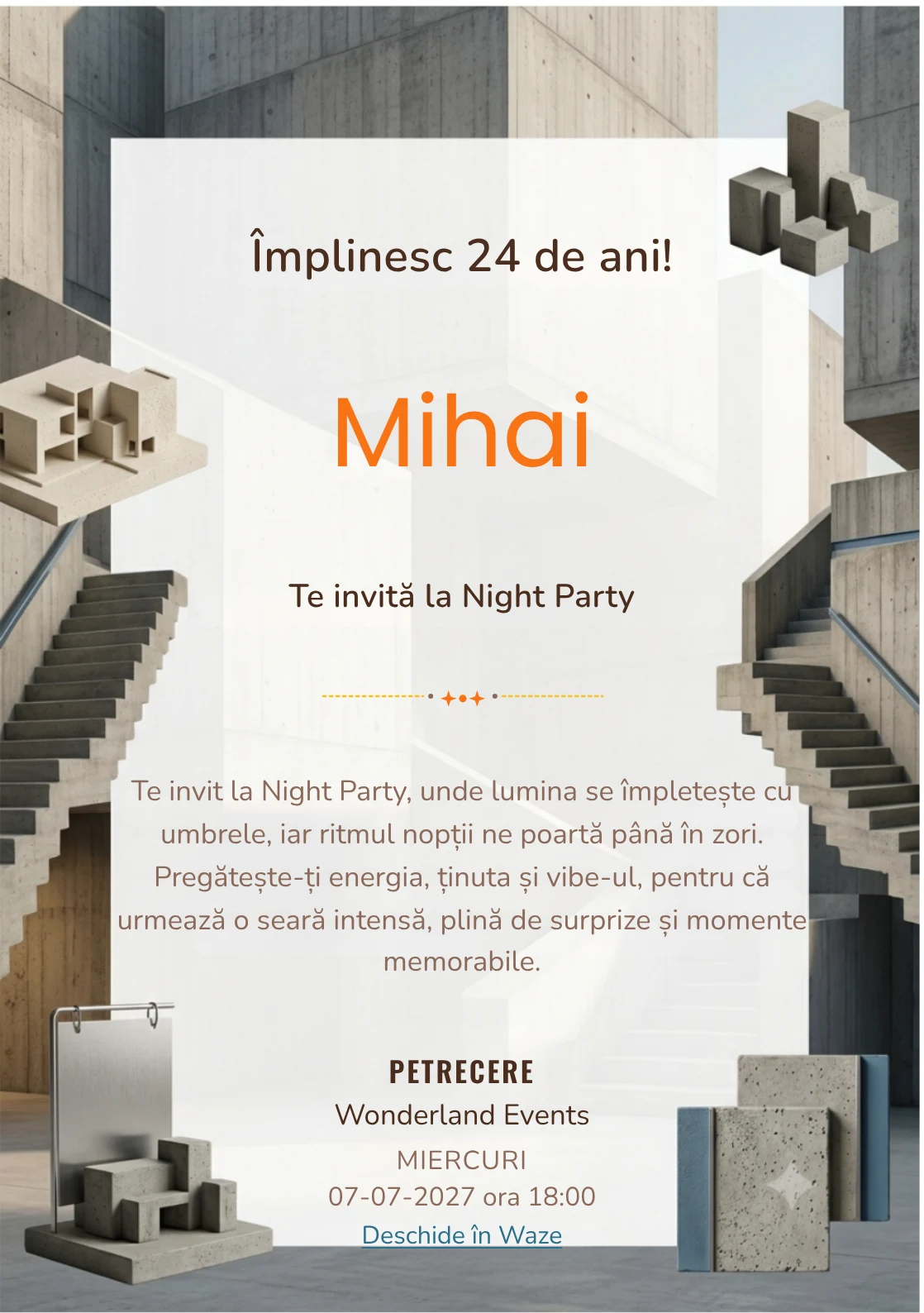 Arhitectură Brutalistă este un model de invitații online pentru o aniversare adultă, definit vizual de o scară geometrică masivă.