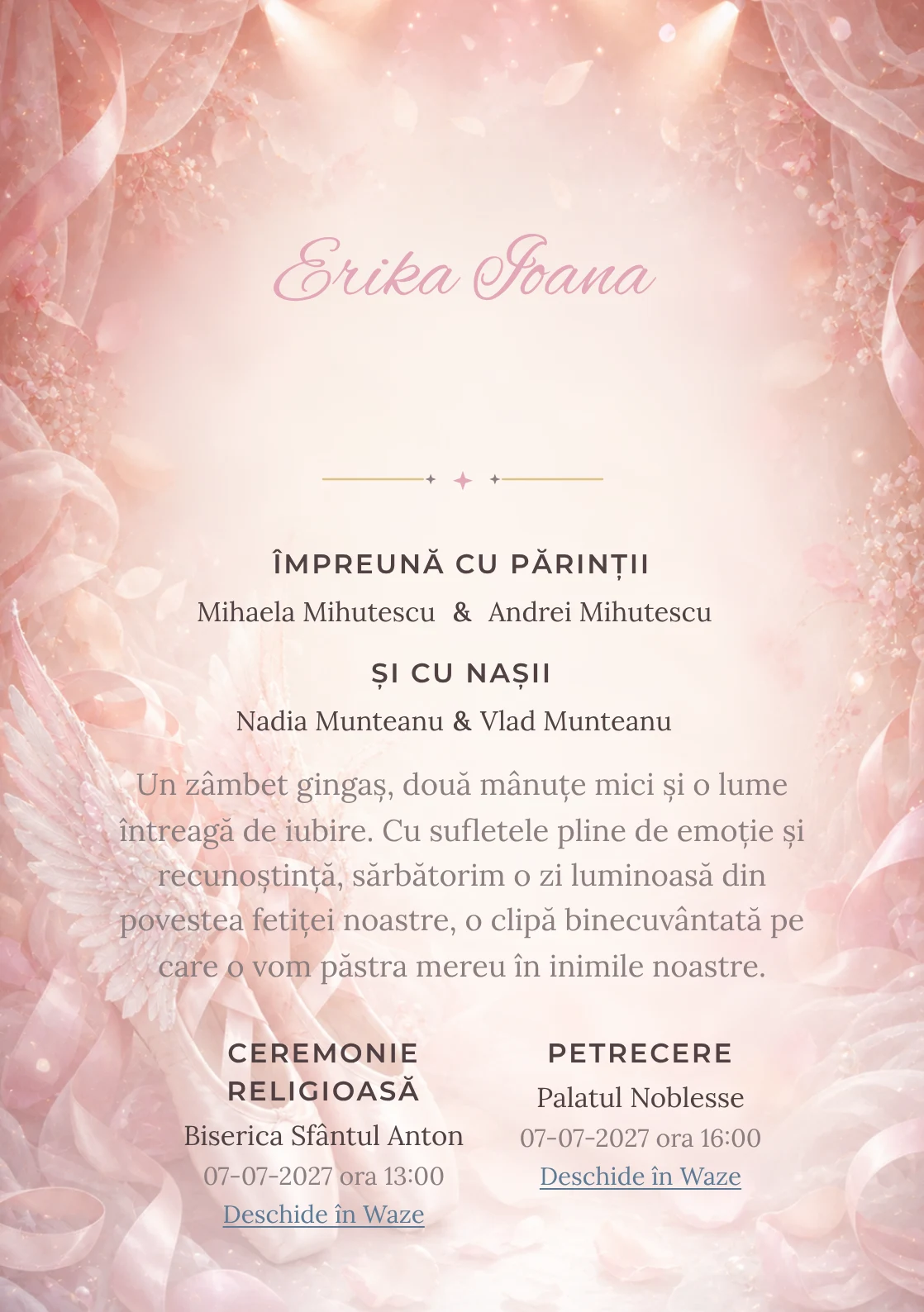 Aripi de Balerină, din gama de invitații botez fetiță, evidențiază o pereche de pantofi de balet cu aripi, alături de panglici, petale și lumină de scenă.
