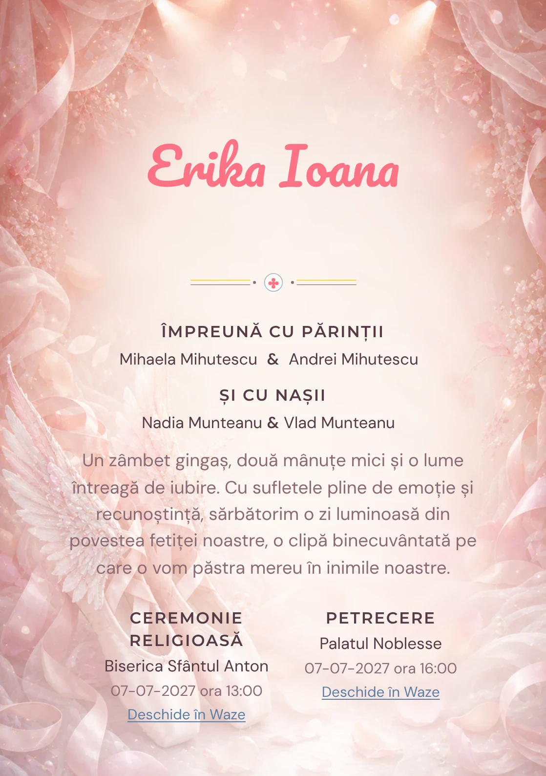 Aripi de Balerină, din gama de invitații botez fetiță, evidențiază o pereche de pantofi de balet cu aripi, alături de panglici, petale și lumină de scenă.