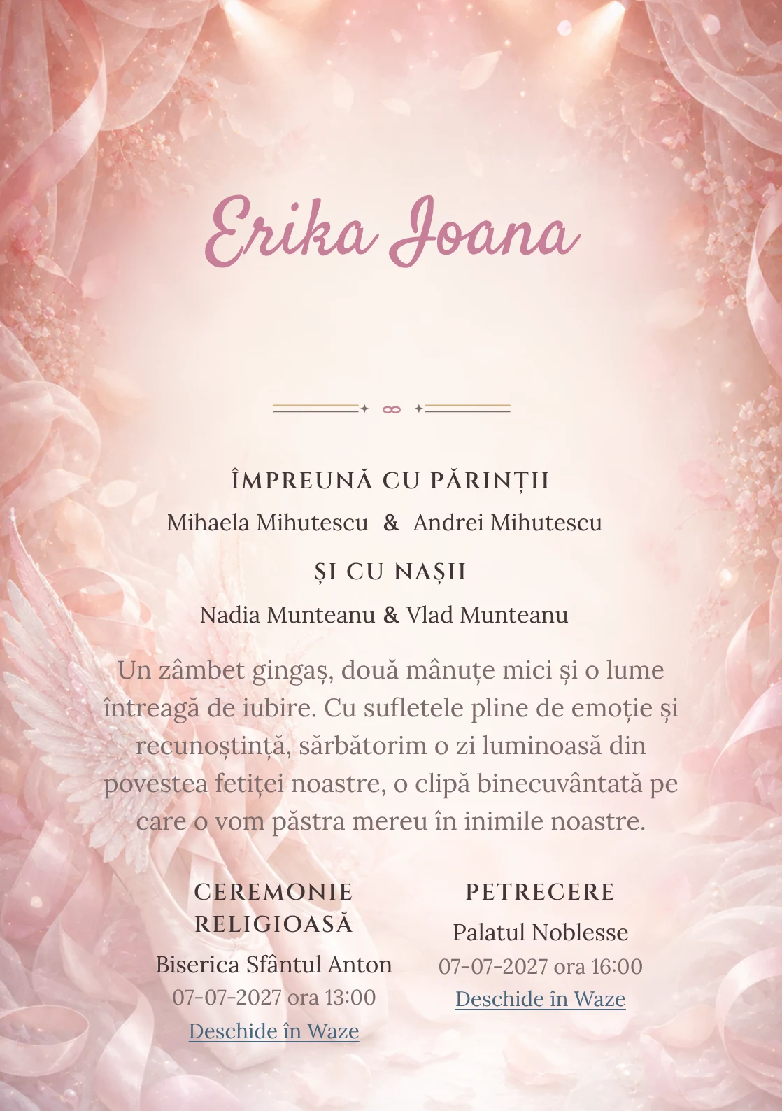 Aripi de Balerină, din gama de invitații botez fetiță, evidențiază o pereche de pantofi de balet cu aripi, alături de panglici, petale și lumină de scenă.