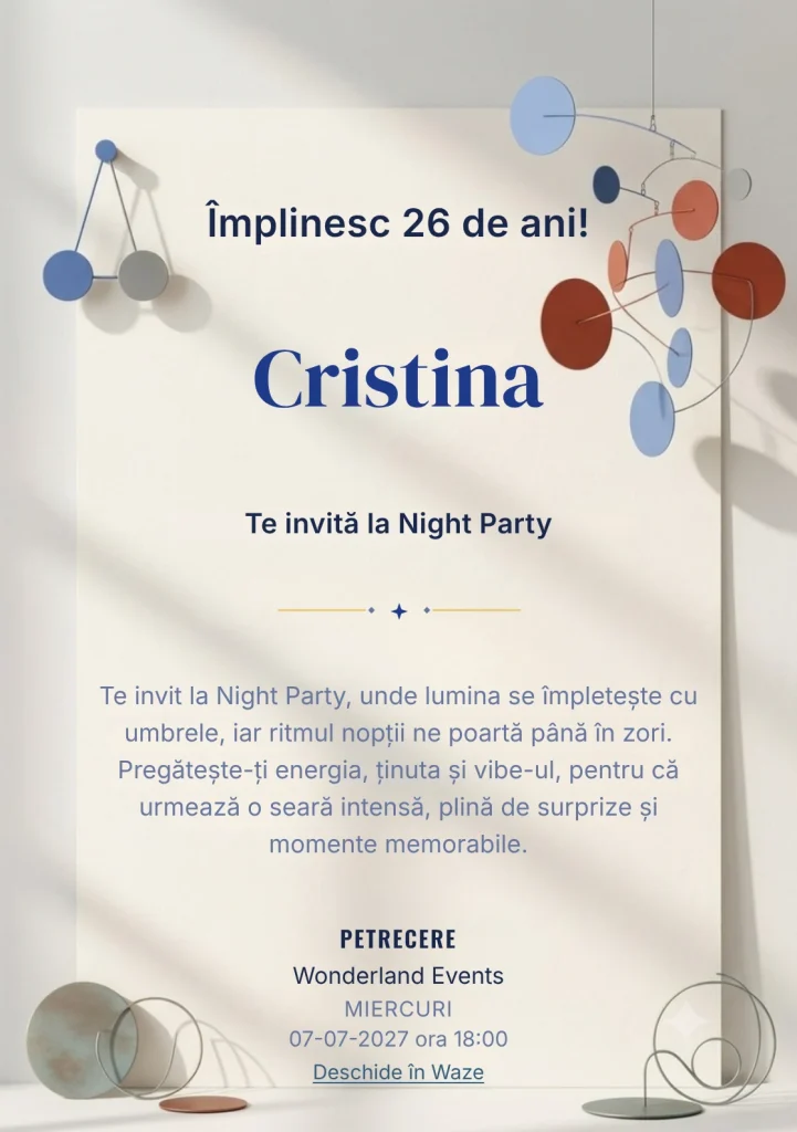 Artă Cinétique este un model de invitații online pentru o aniversare adultă, definit vizual de o instalație din discuri și fire.