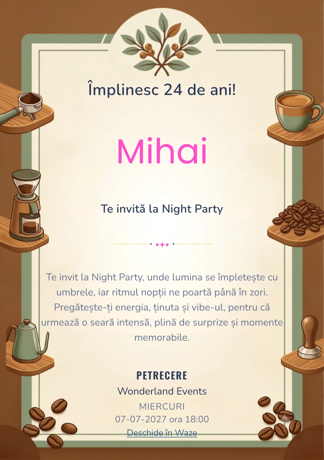 Atelier de Cafea este un model de invitații digitale pentru o aniversare adultă, definit vizual de o ceașcă ceramică și boabe.
